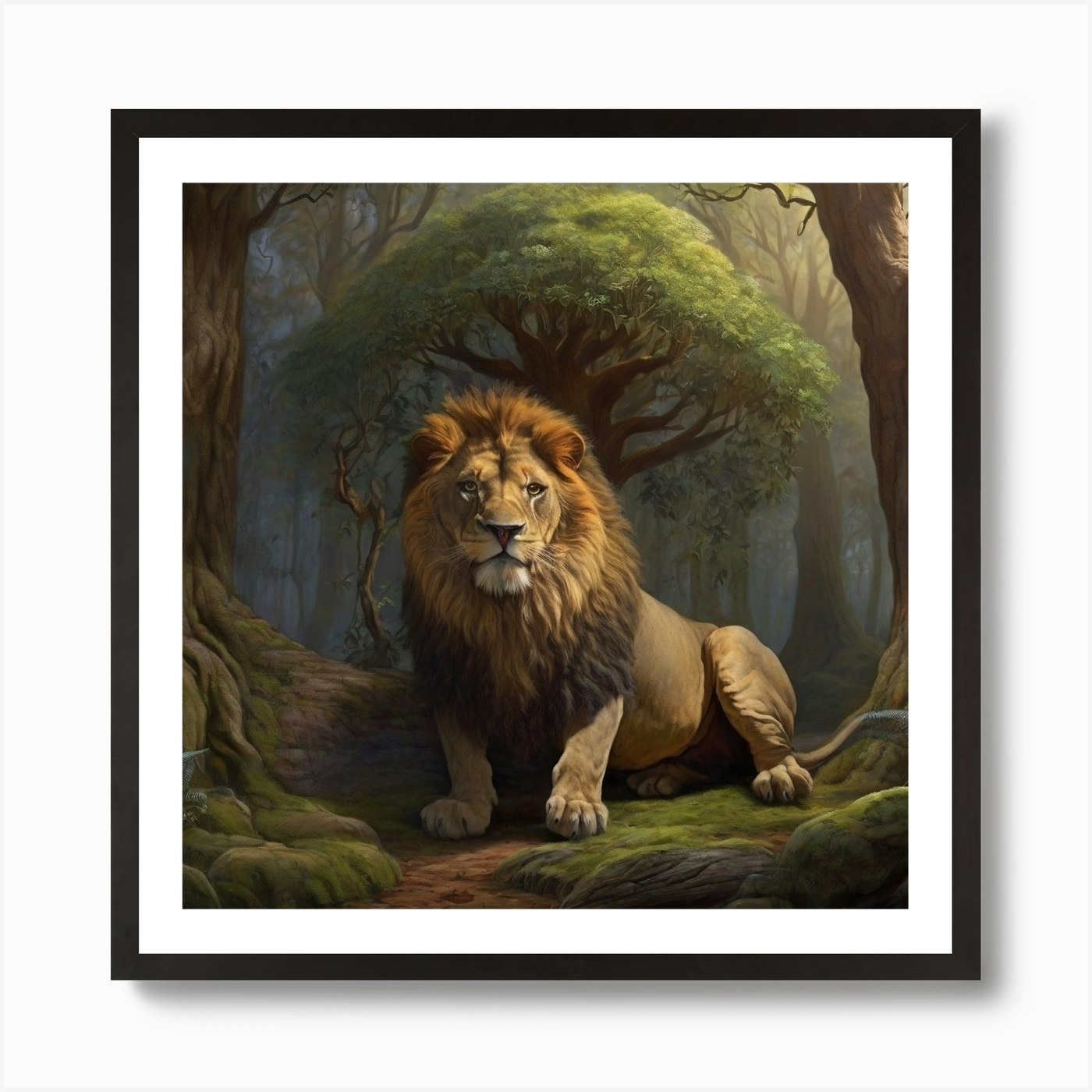 "Wild Majesty: The Forest's Lion an Framed Wall Art Poster Canvas Print Picture