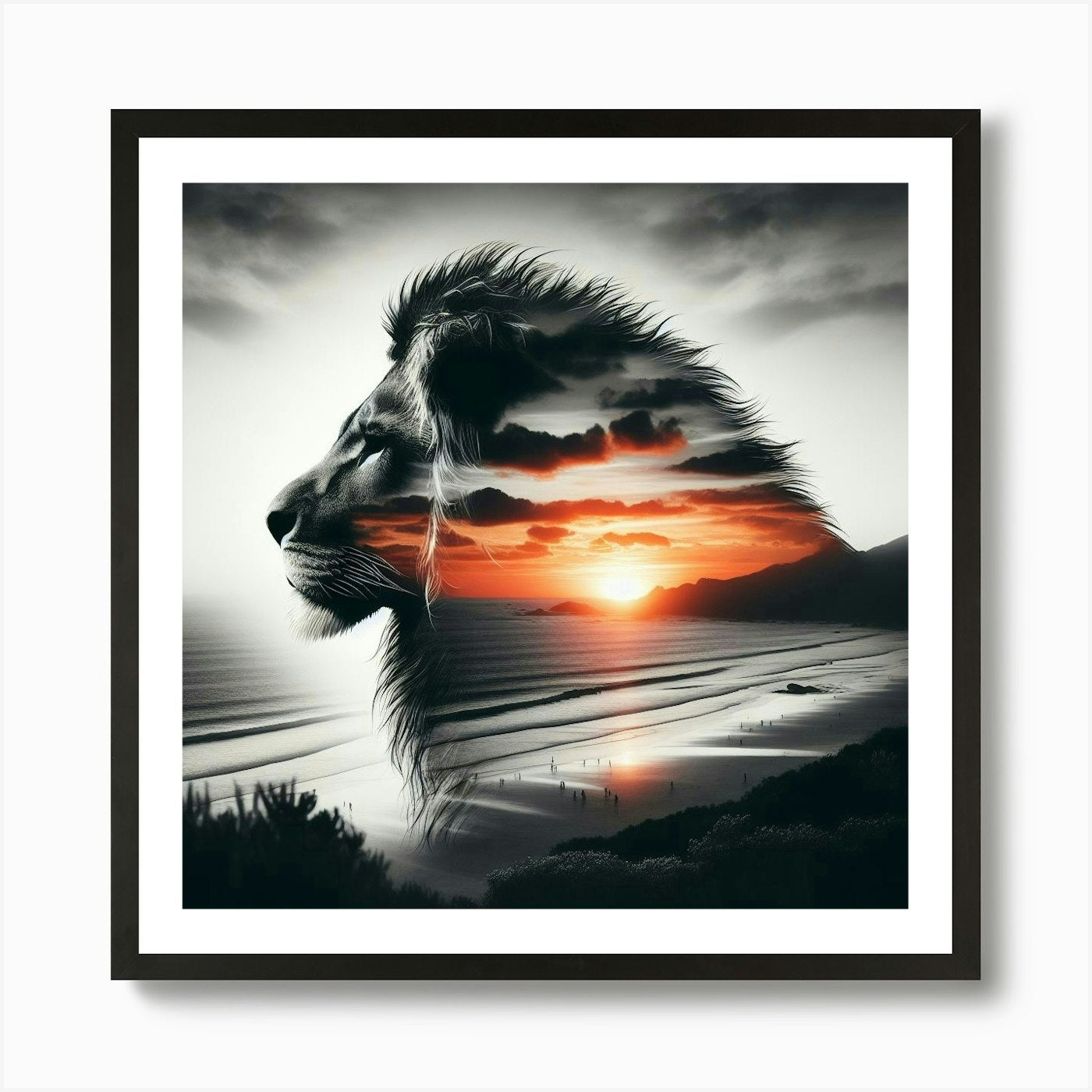 Lion and sunset coast 2 Art Print Framed Wall Art Poster Canvas Print Picture