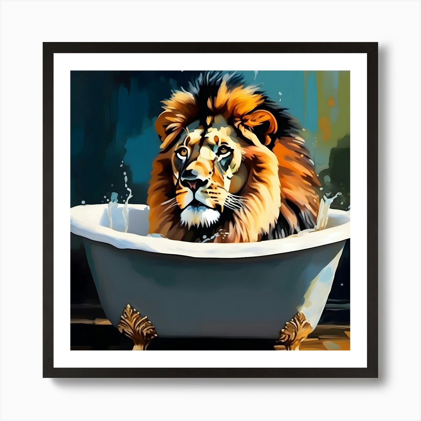 Lion In The Bath 2 Art Print Framed Wall Art Poster Canvas Print Picture