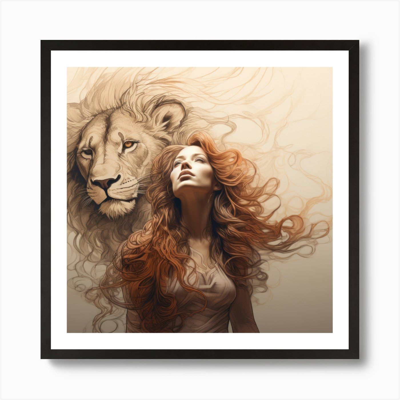 Lion And Woman Art Print Framed Wall Art Poster Canvas Print Picture