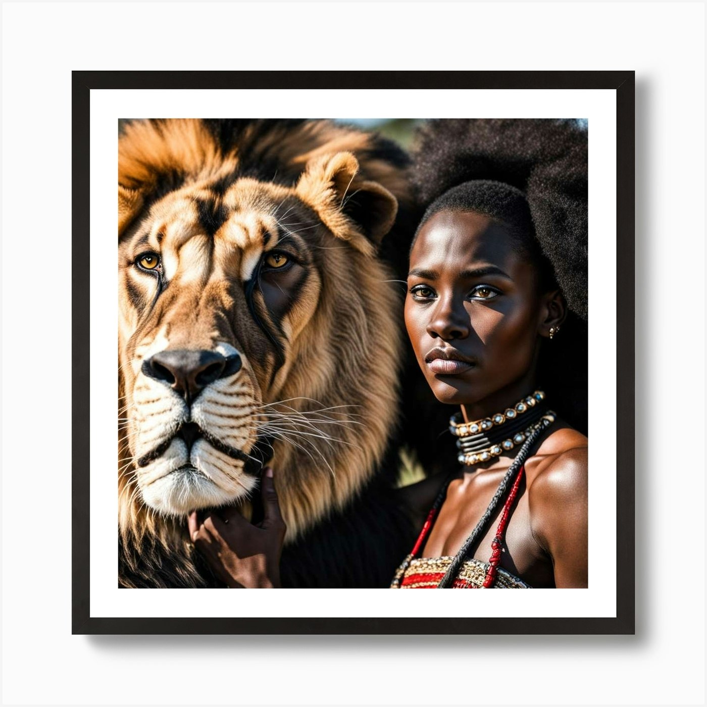 Lion And Woman Art Print Framed Wall Art Poster Canvas Print Picture