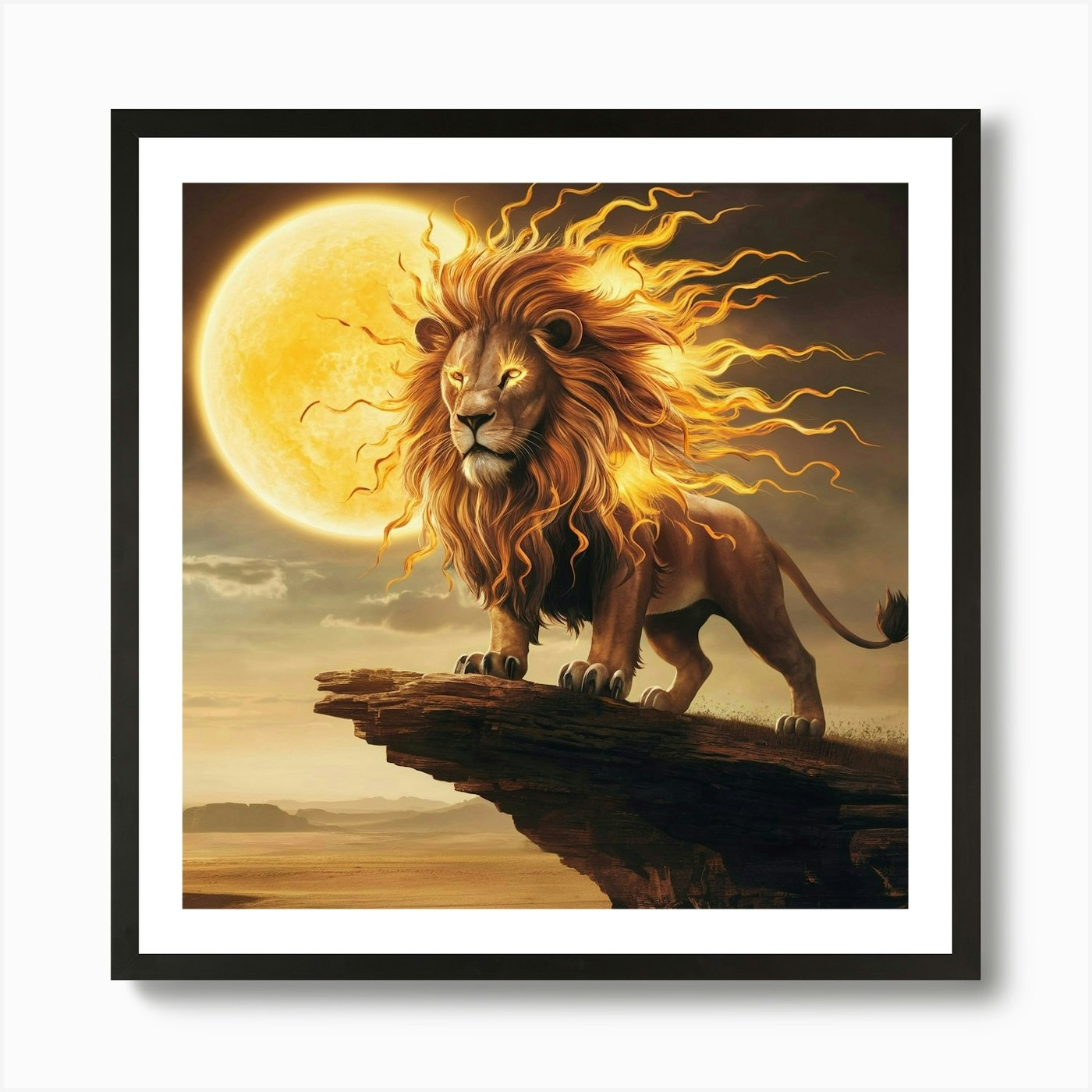 Lion With Flames Art Print Framed Wall Art Poster Canvas Print Picture