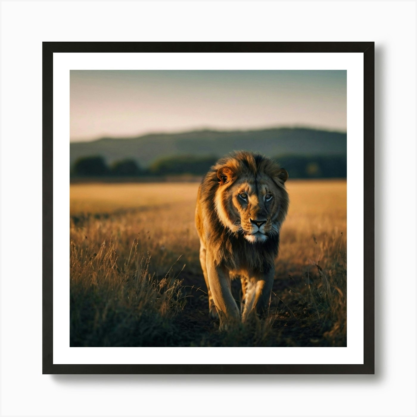 Lion Walking In The Field Art Print Framed Wall Art Poster Canvas Print Picture