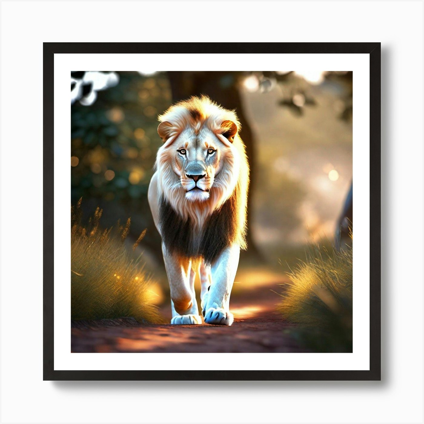 Lion Walking In The Forest Art Prin Framed Wall Art Poster Canvas Print Picture