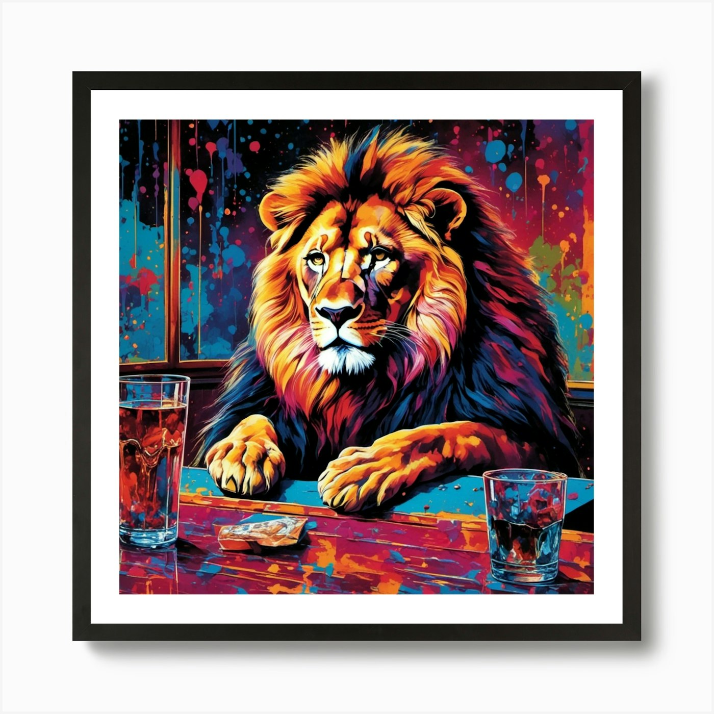 Lion At The Bar 2 Art Print Framed Wall Art Poster Canvas Print Picture