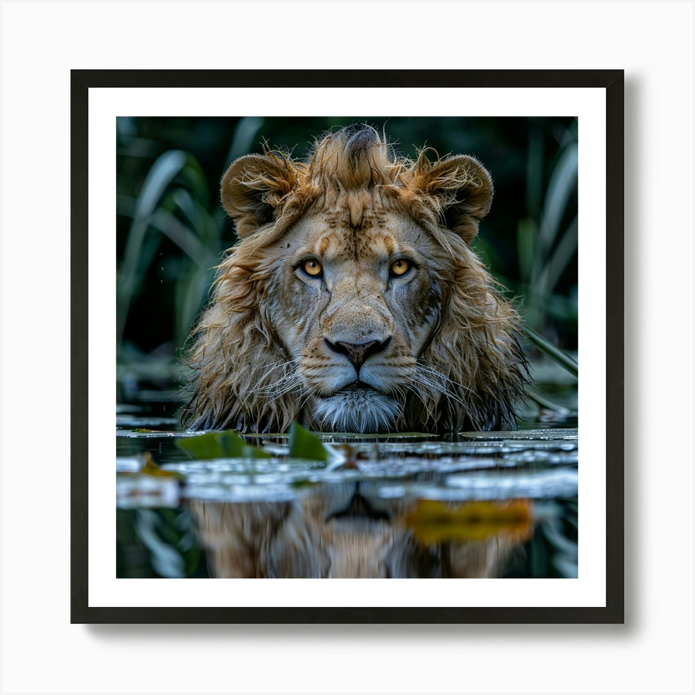 Lion In The Water Art Print Framed Wall Art Poster Canvas Print Picture