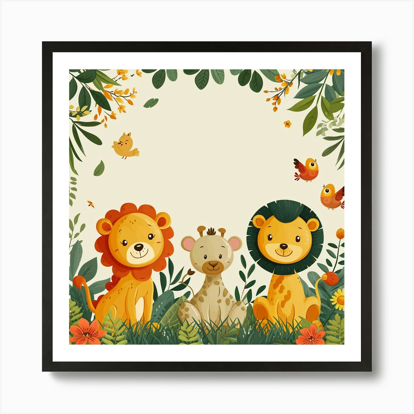 Cute Lions In The Jungle Art Print Framed Wall Art Poster Canvas Print Picture