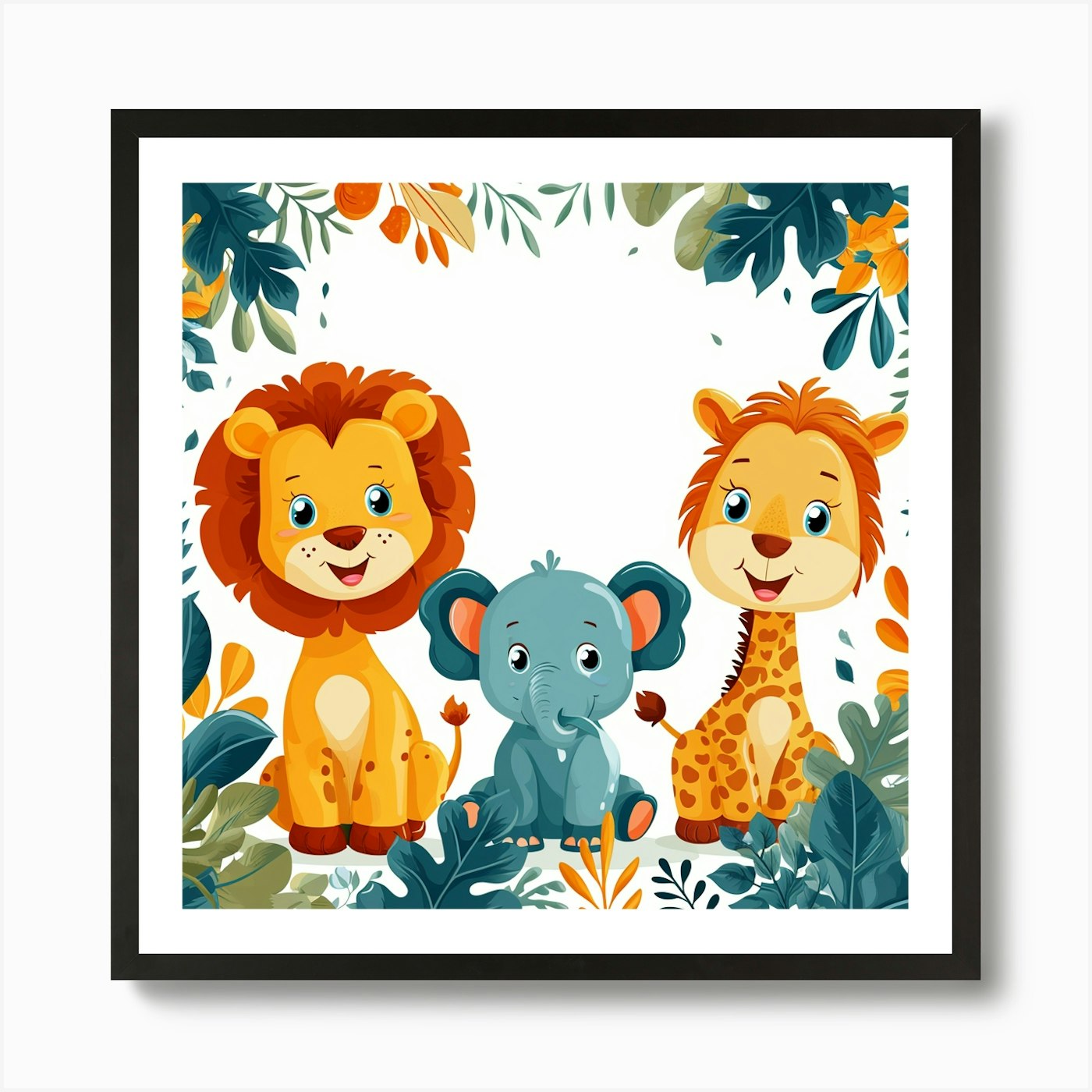 Cute Lions And Elephants Art Print Framed Wall Art Poster Canvas Print Picture