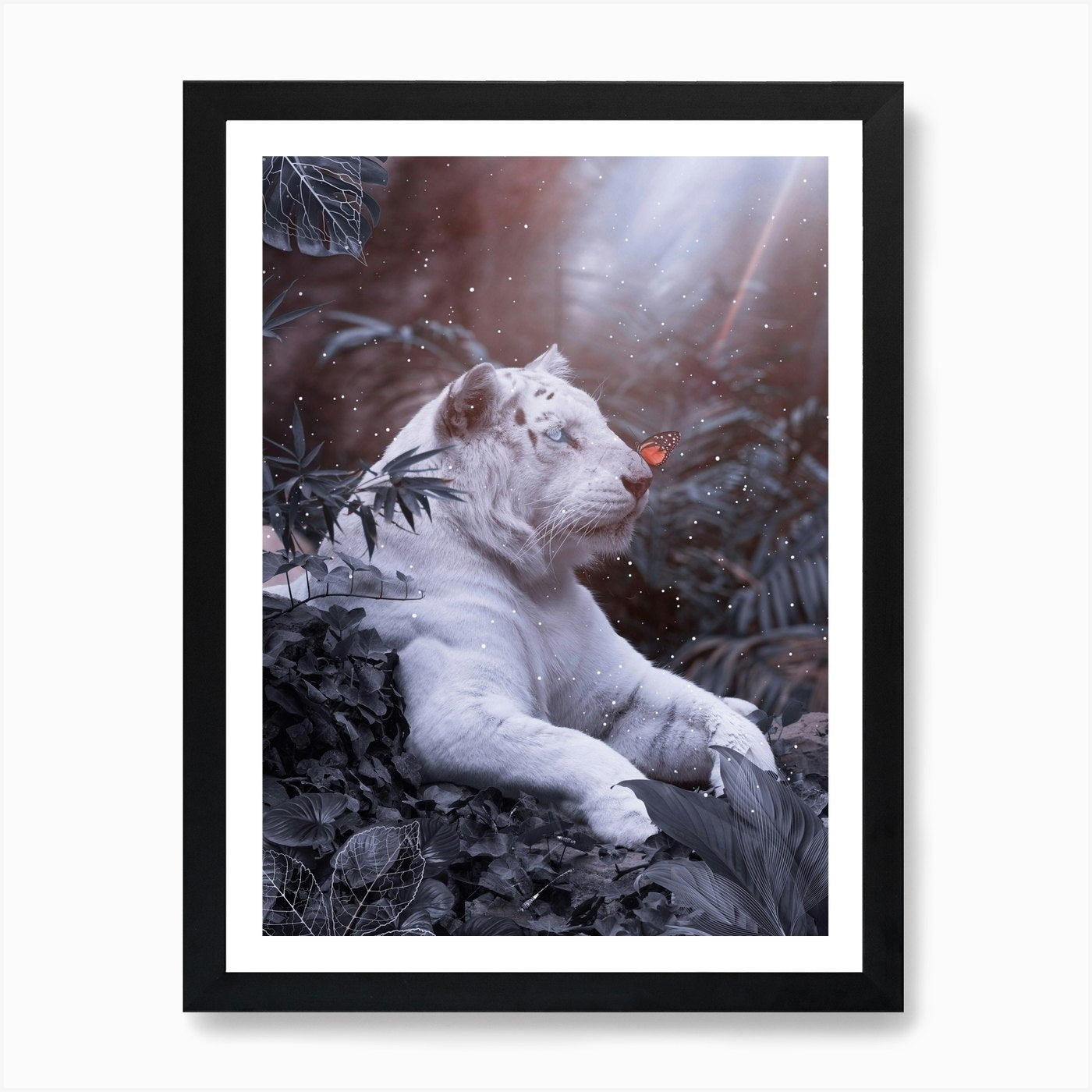 White Lion And Orange Butterfly Wil Framed Wall Art Poster Canvas Print Picture