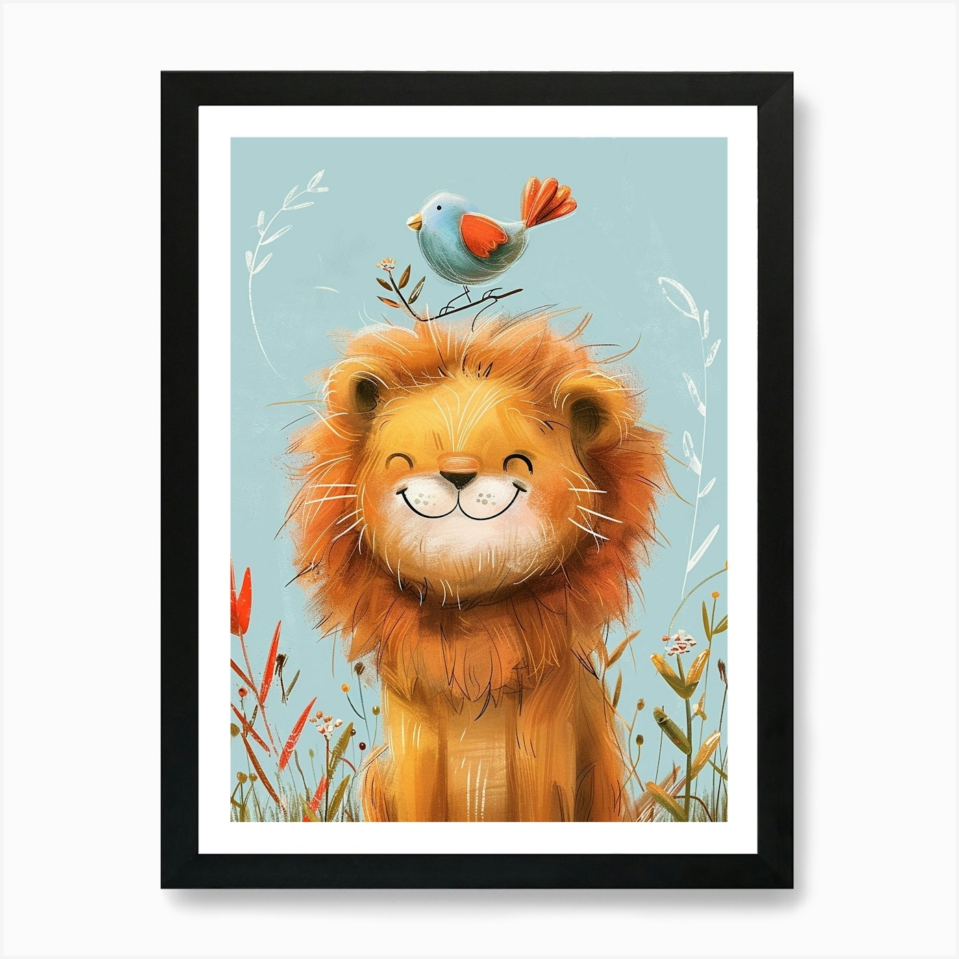 Small Joyful Lion With A Bird On It Framed Wall Art Poster Canvas Print Picture