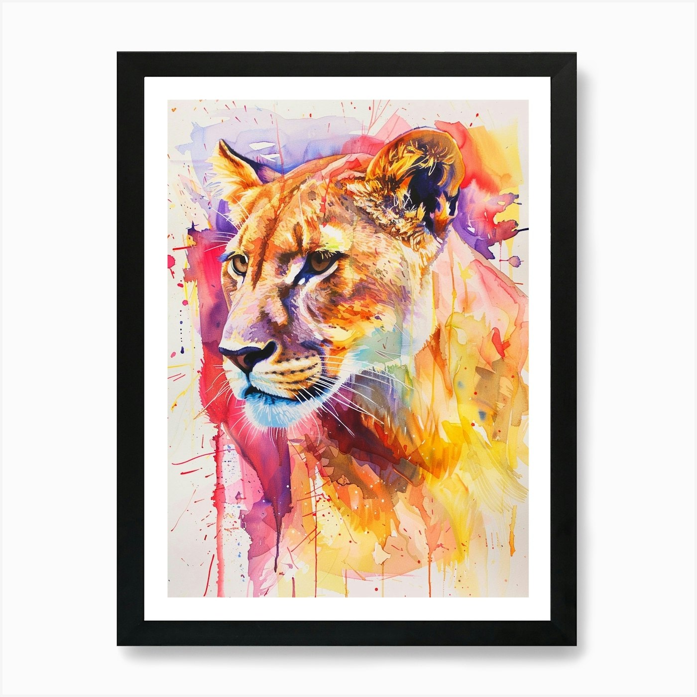 Mountain Lion Colourful Watercolour Framed Wall Art Poster Canvas Print Picture