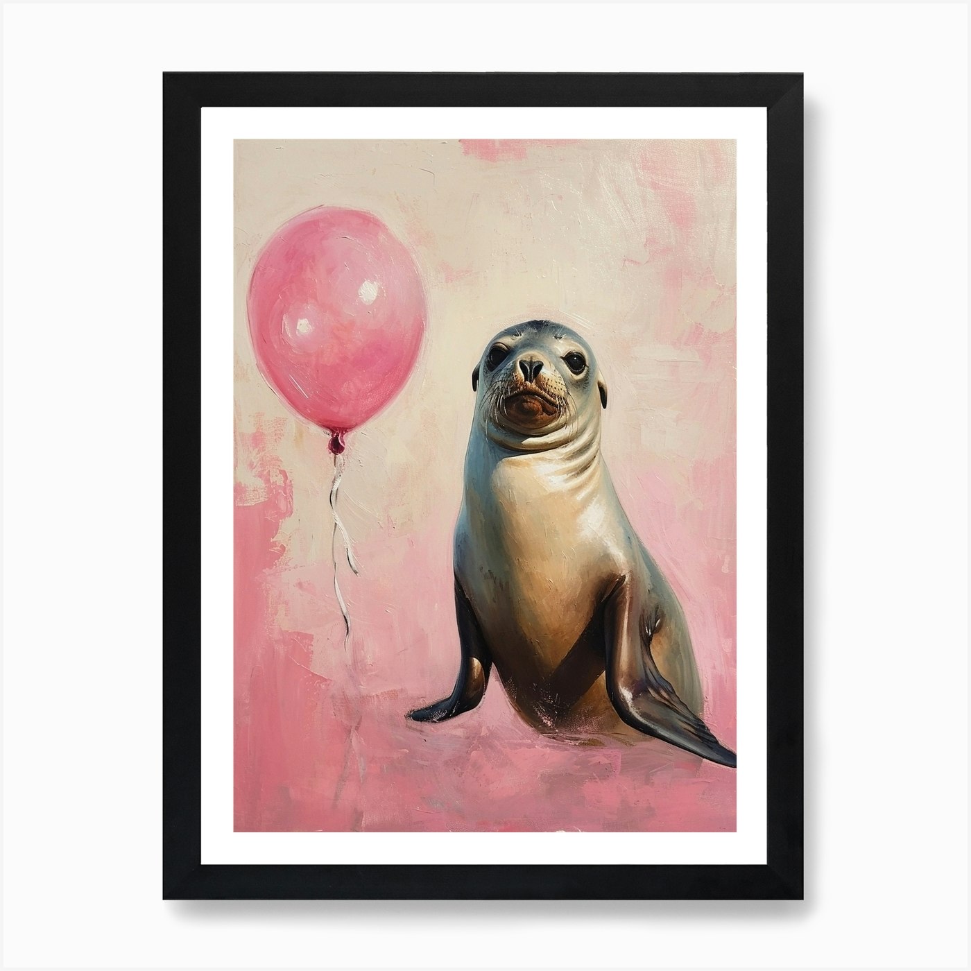 Cute Sea Lion 2 With Balloon Art Pr Framed Wall Art Poster Canvas Print Picture