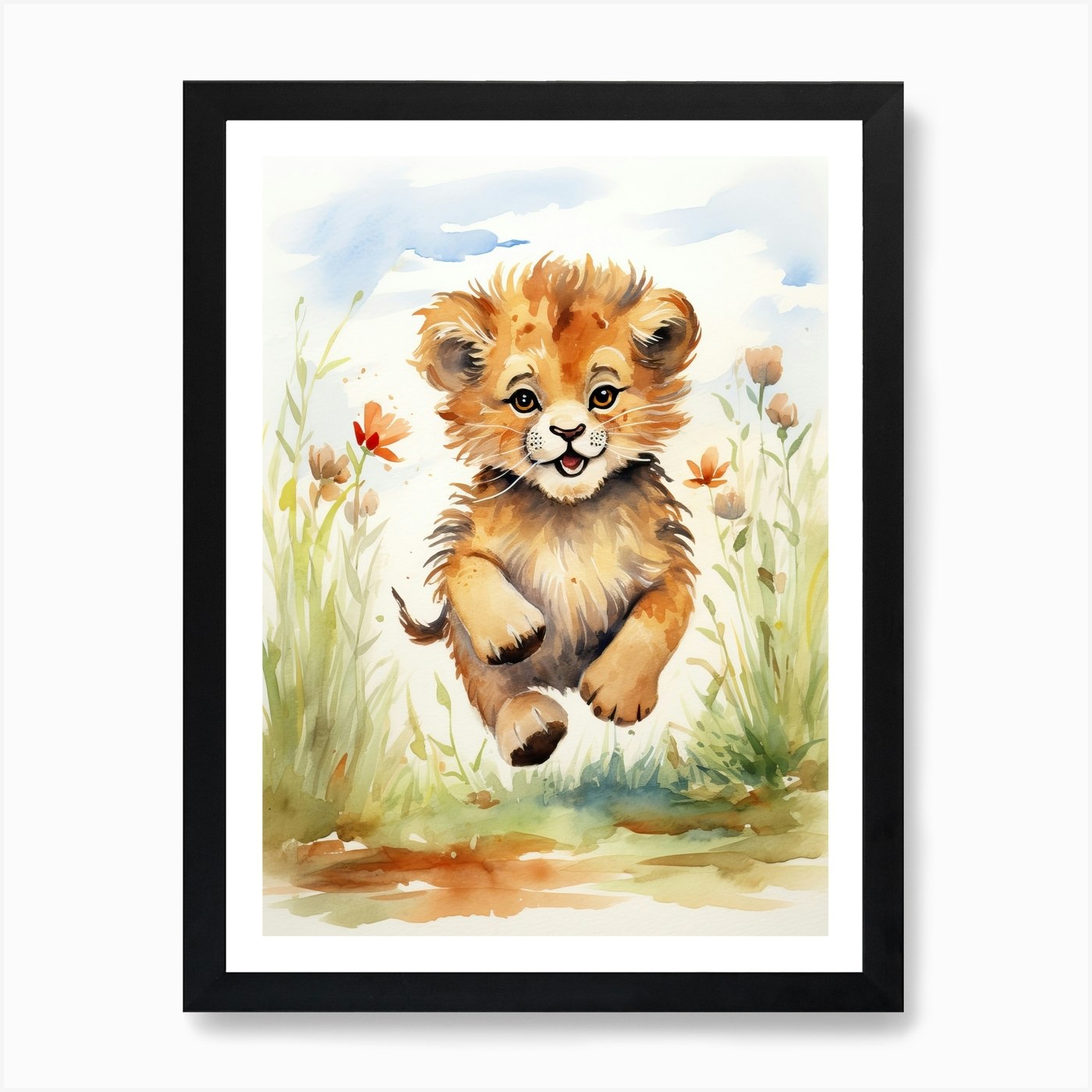 Running Watercolour Lion Art Painti Framed Wall Art Poster Canvas Print Picture