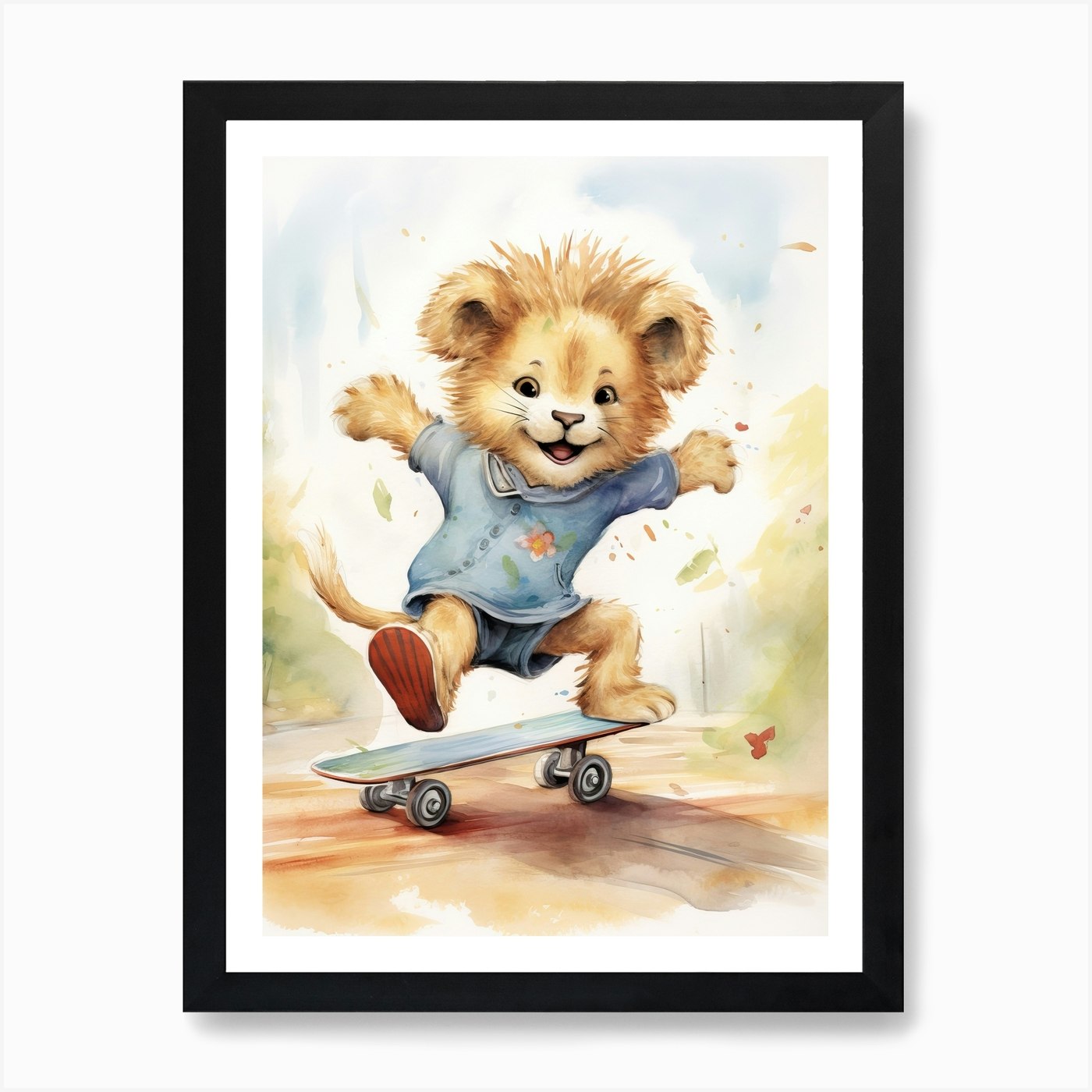 Skateboarding Watercolour Lion Art  Framed Wall Art Poster Canvas Print Picture