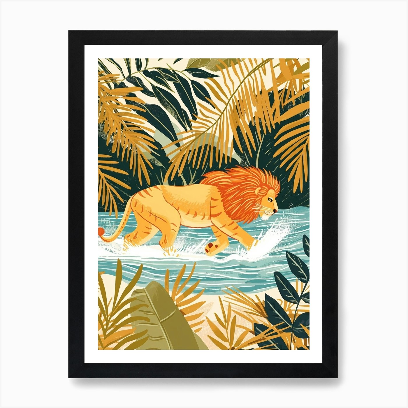 African Lion Crossing A River Illus Framed Wall Art Poster Canvas Print Picture