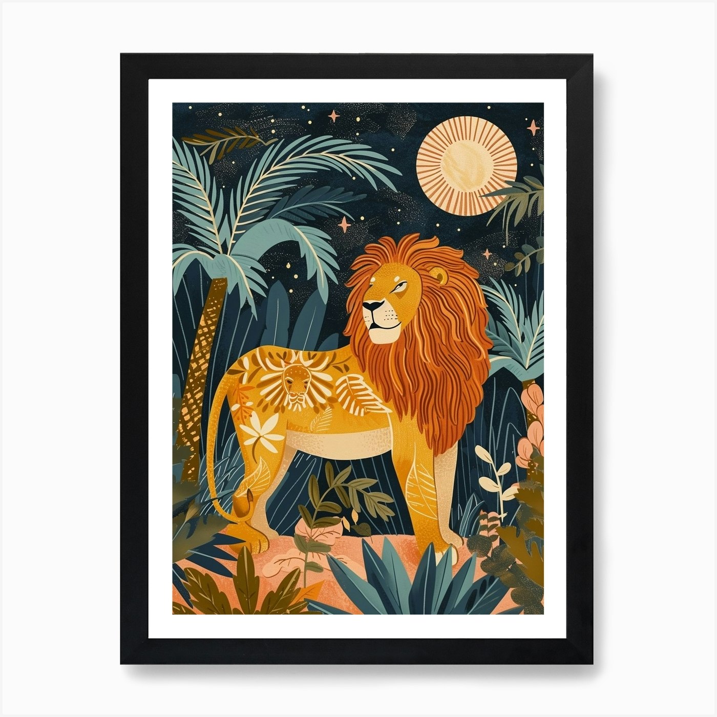 Barbary Lion Night Hunt Illustratio Framed Wall Art Poster Canvas Print Picture