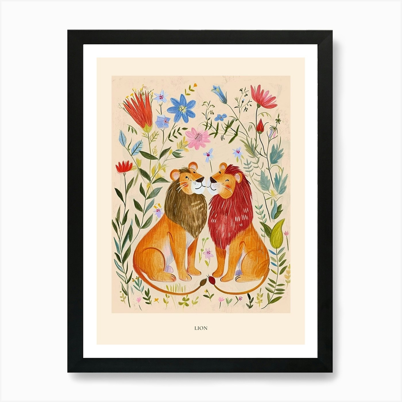 Folksy Floral Animal Drawing Lion 2 Framed Wall Art Poster Canvas Print Picture