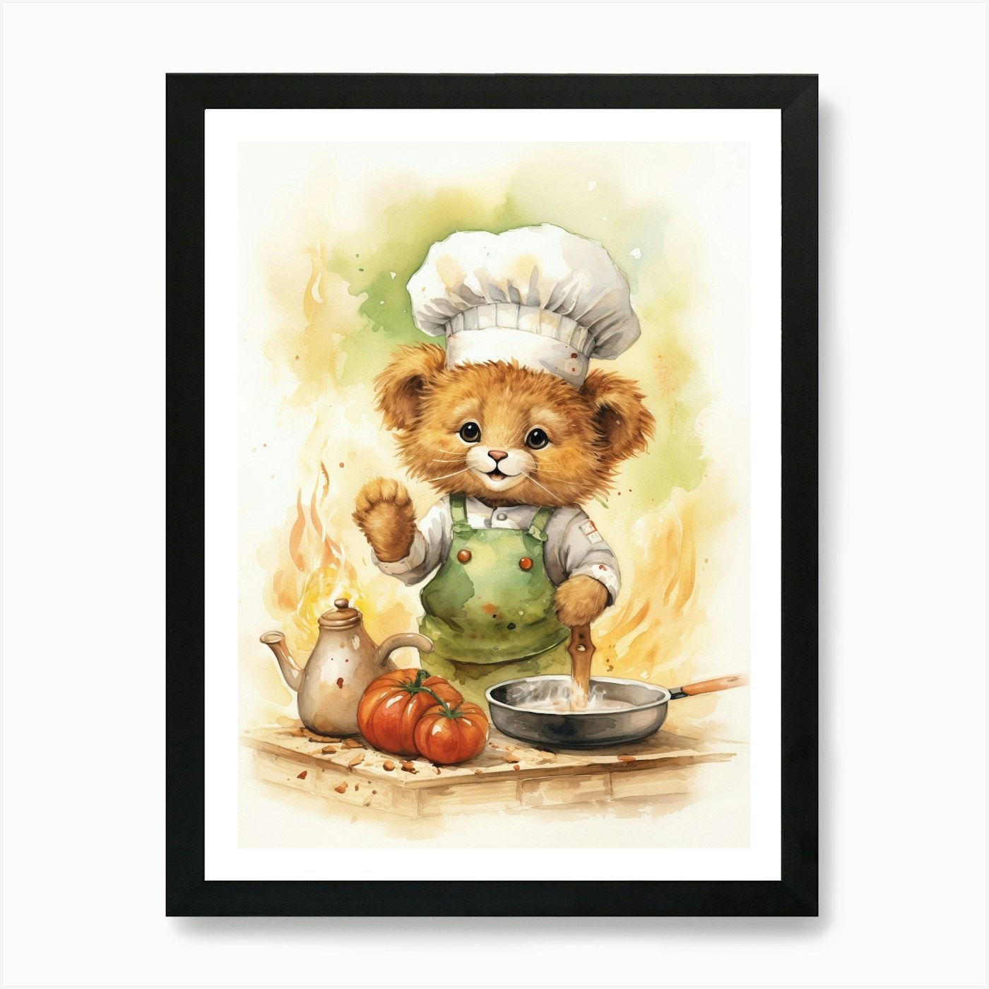 Cooking Watercolour Lion Art Painti Framed Wall Art Poster Canvas Print Picture