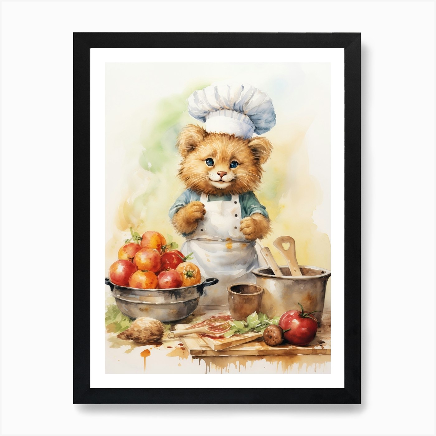 Cooking Watercolour Lion Art Painti Framed Wall Art Poster Canvas Print Picture