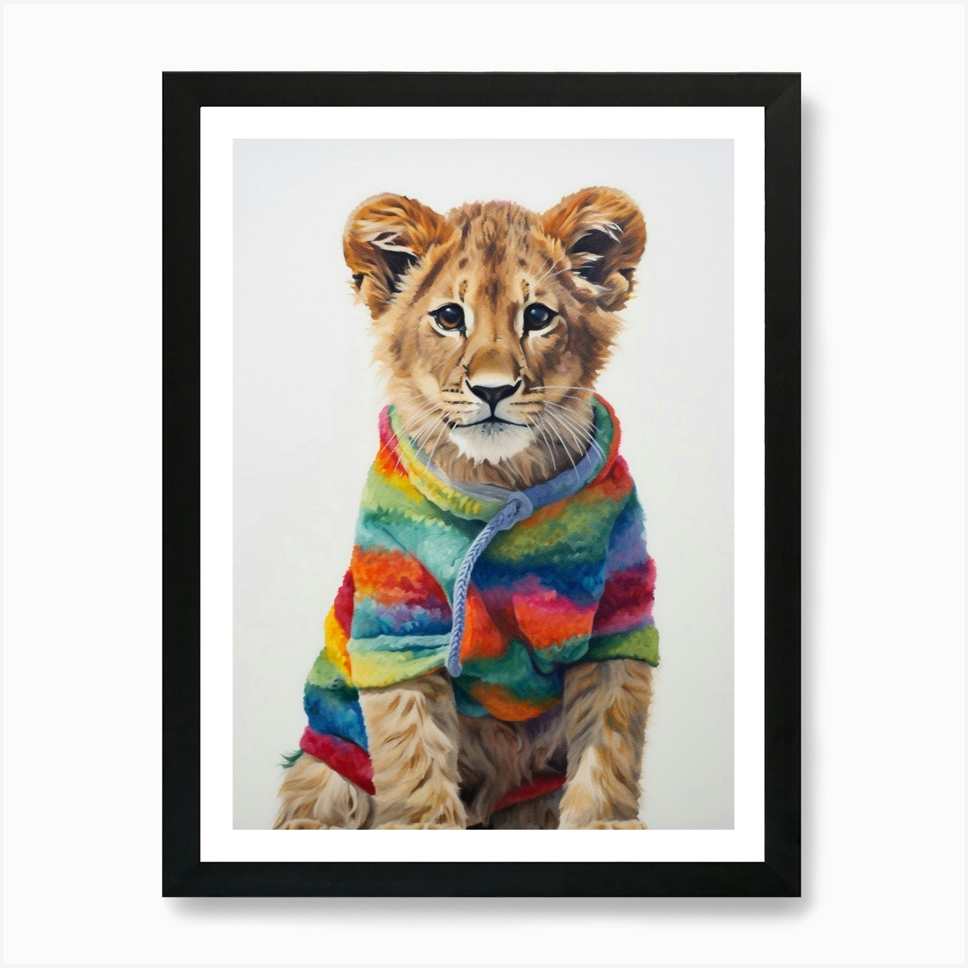 Baby Animal Wearing Sweater Lion 3  Framed Wall Art Poster Canvas Print Picture