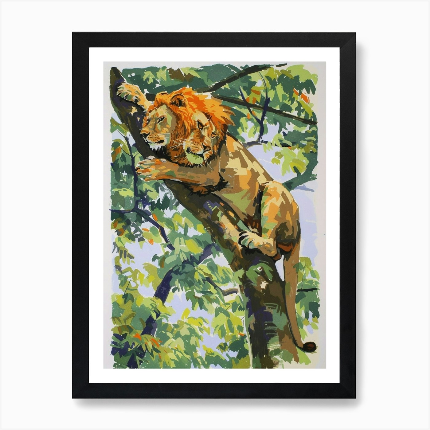 Asiatic Lion Climbing A Tree Fauvis Framed Wall Art Poster Canvas Print Picture