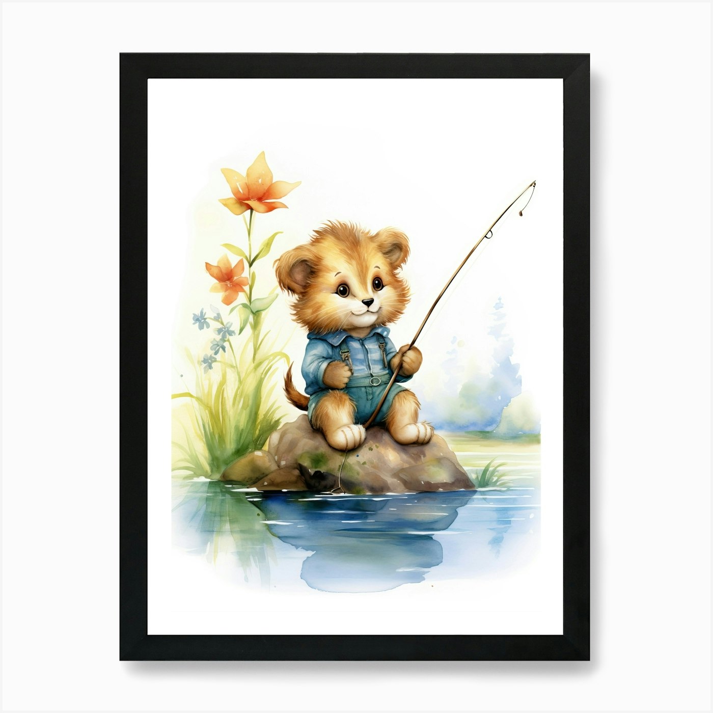 Fishing Watercolour Lion Art Painti Framed Wall Art Poster Canvas Print Picture