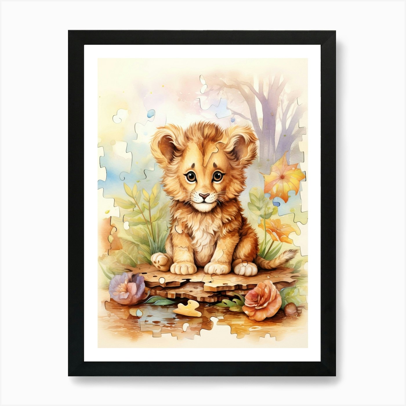 Solving Puzzles Watercolour Lion Ar Framed Wall Art Poster Canvas Print Picture