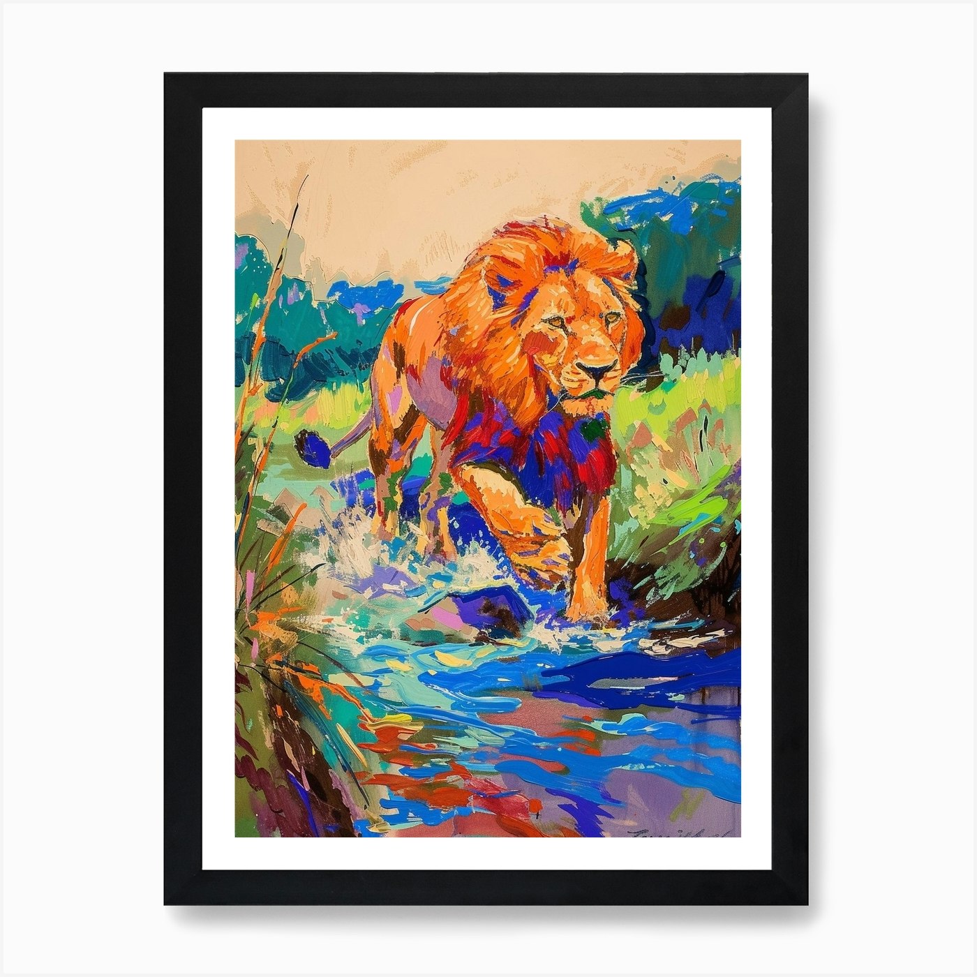 Transvaal Lion Crossing A River Fau Framed Wall Art Poster Canvas Print Picture