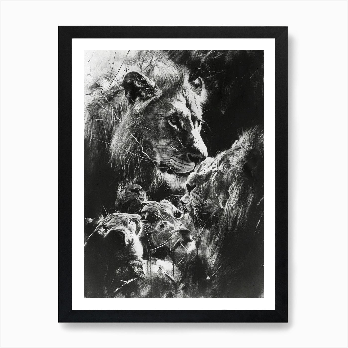 African Lion Charcoal Drawing Inter Framed Wall Art Poster Canvas Print Picture