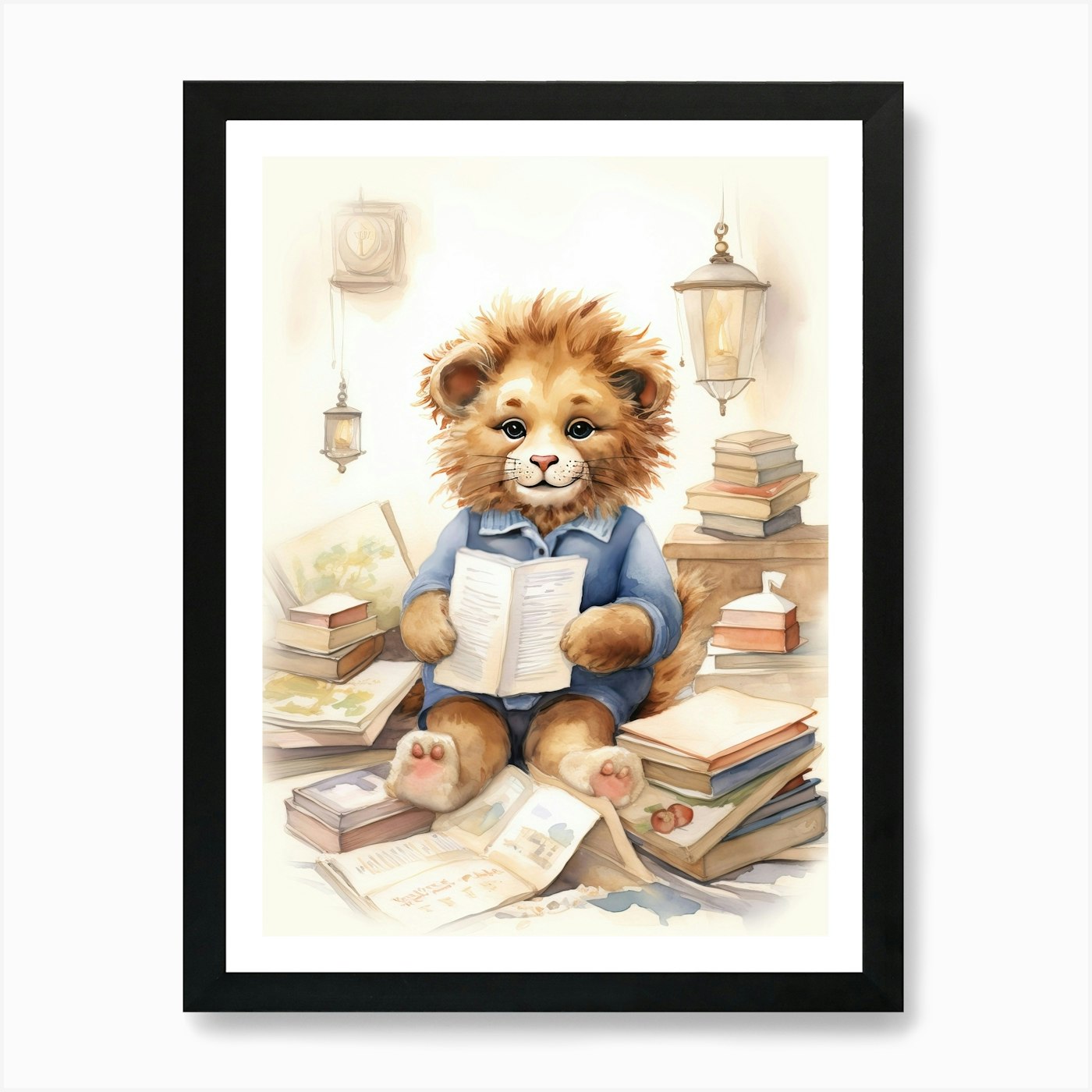 Collecting Stamps Watercolour Lion  Framed Wall Art Poster Canvas Print Picture