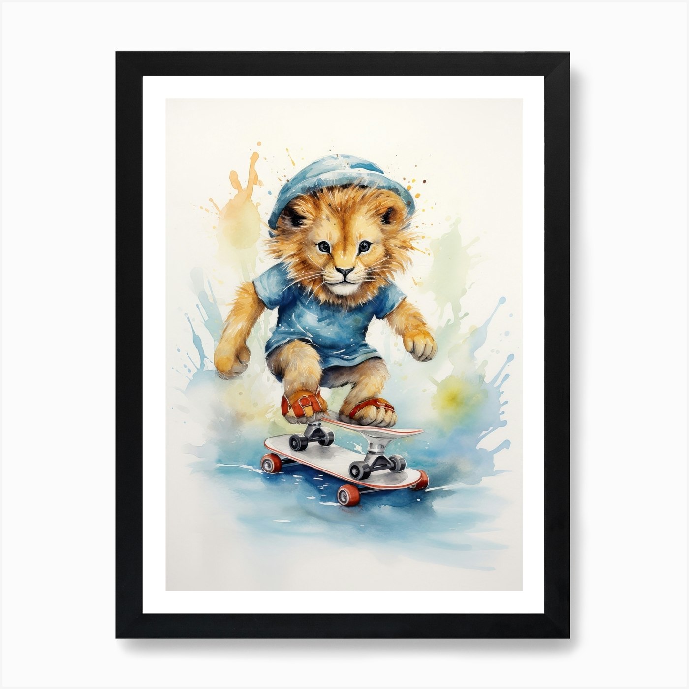 Skateboarding Watercolour Lion Art  Framed Wall Art Poster Canvas Print Picture