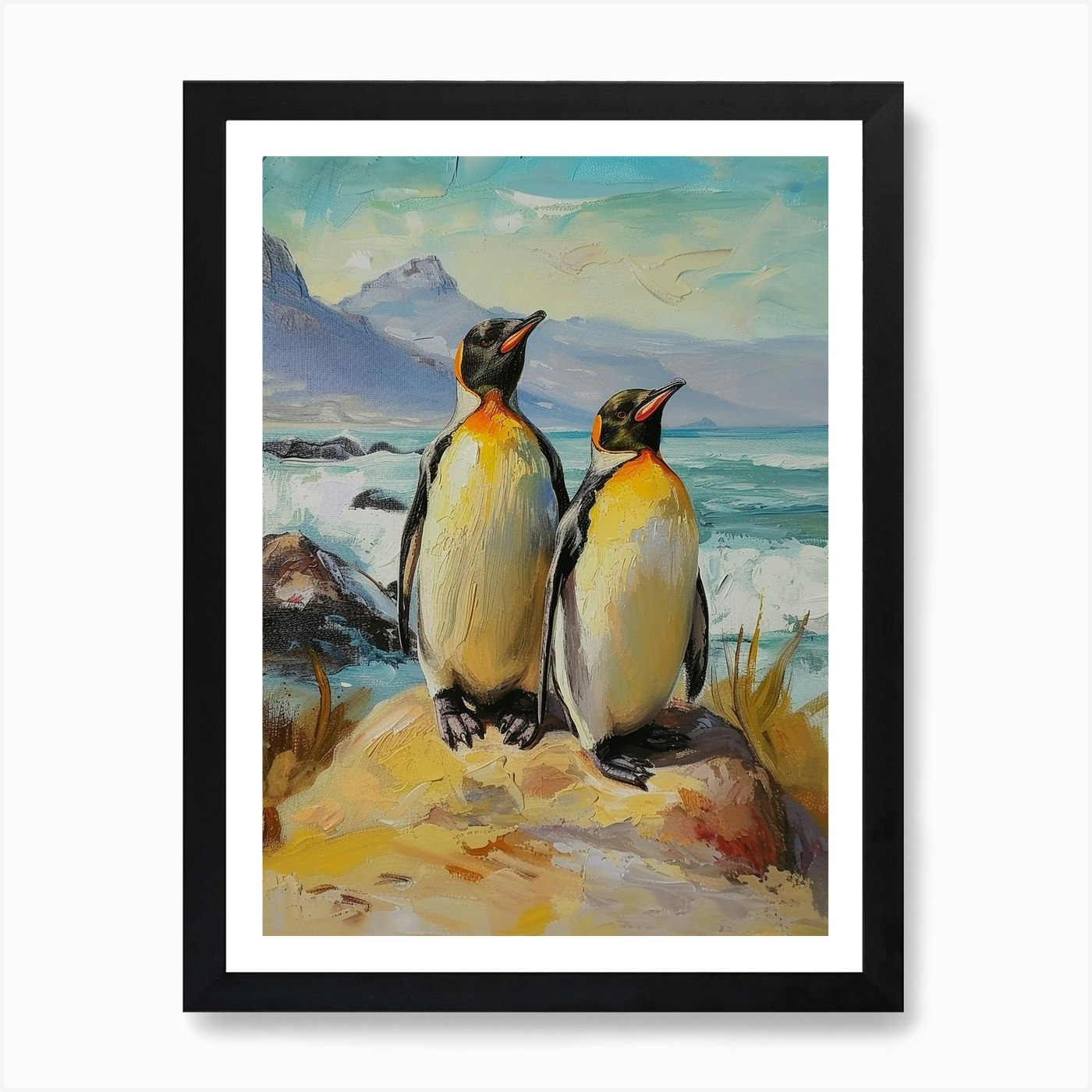 African Penguin Sea Lion Island Oil Framed Wall Art Poster Canvas Print Picture