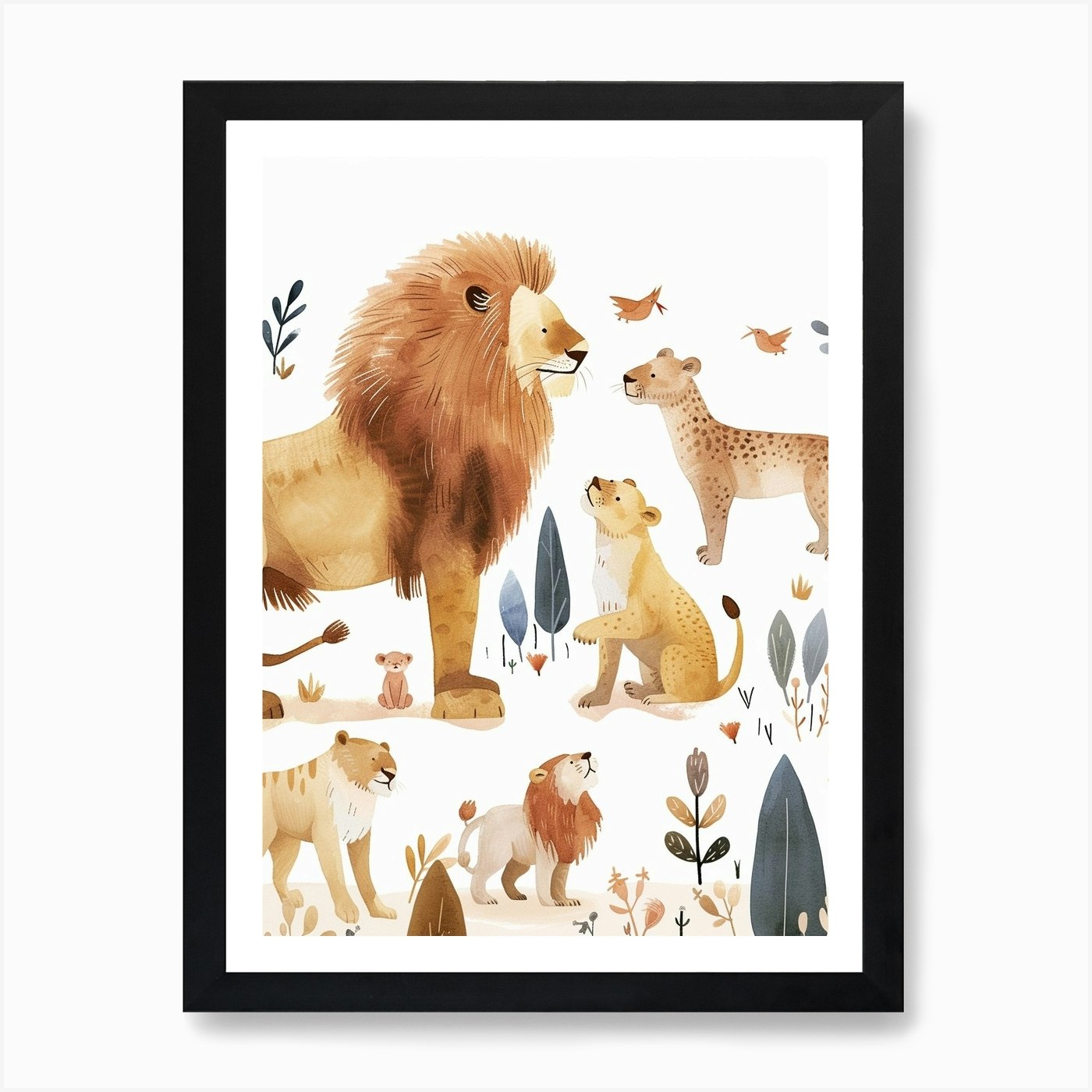 African Lion Interaction With Other Framed Wall Art Poster Canvas Print Picture