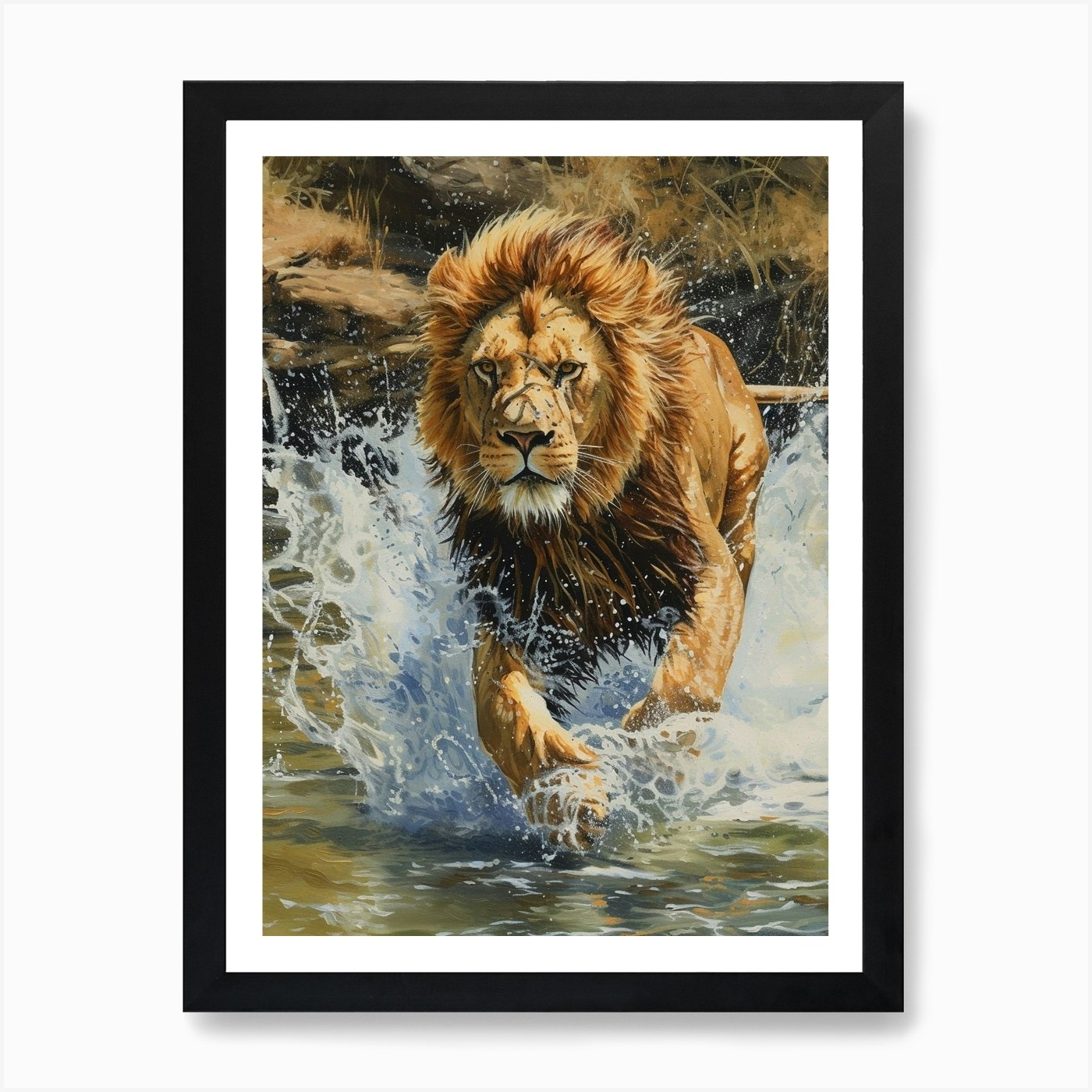 African Lion Crossing A River Acryl Framed Wall Art Poster Canvas Print Picture