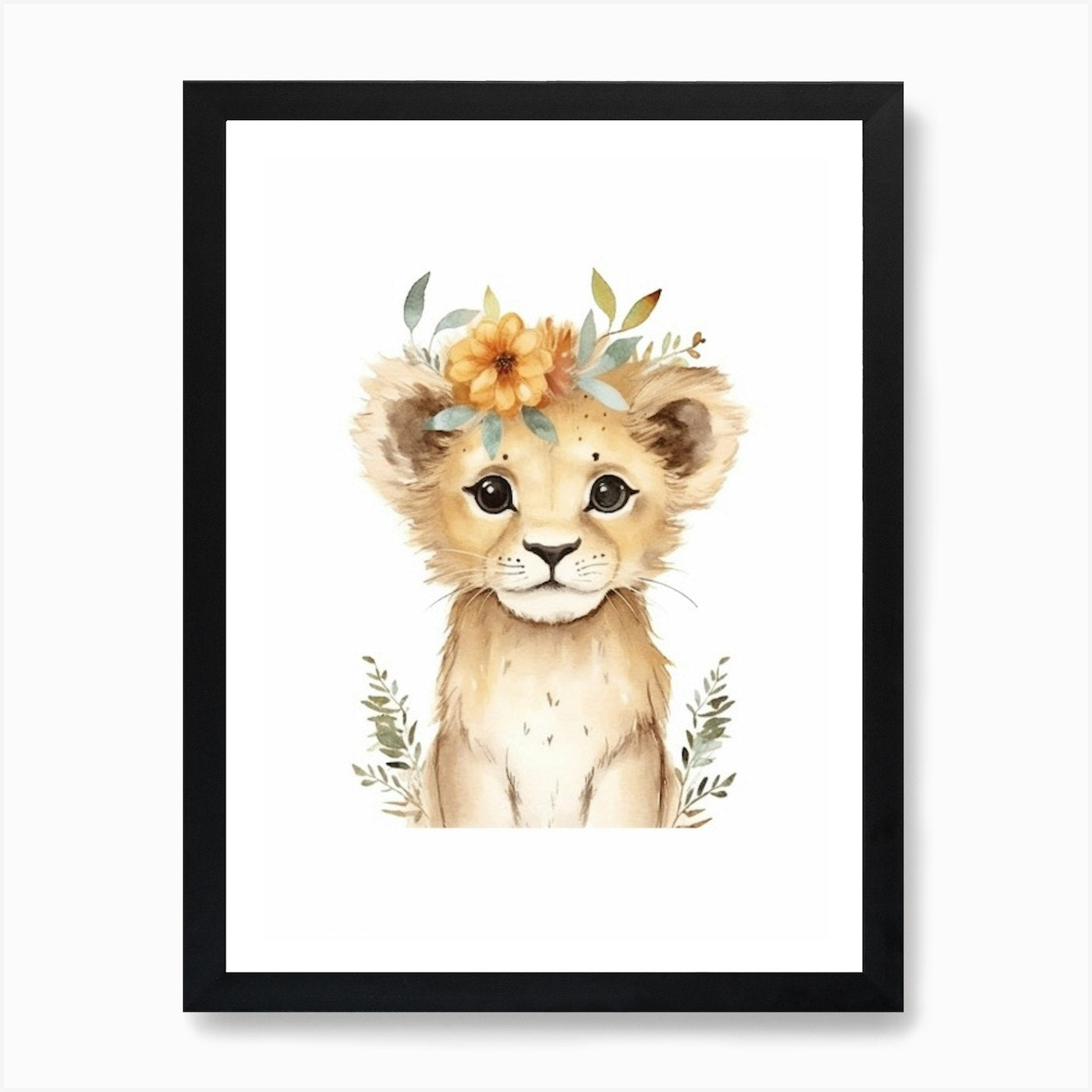 Watercolour Jungle Animal Baby Lion Framed Wall Art Poster Canvas Print Picture