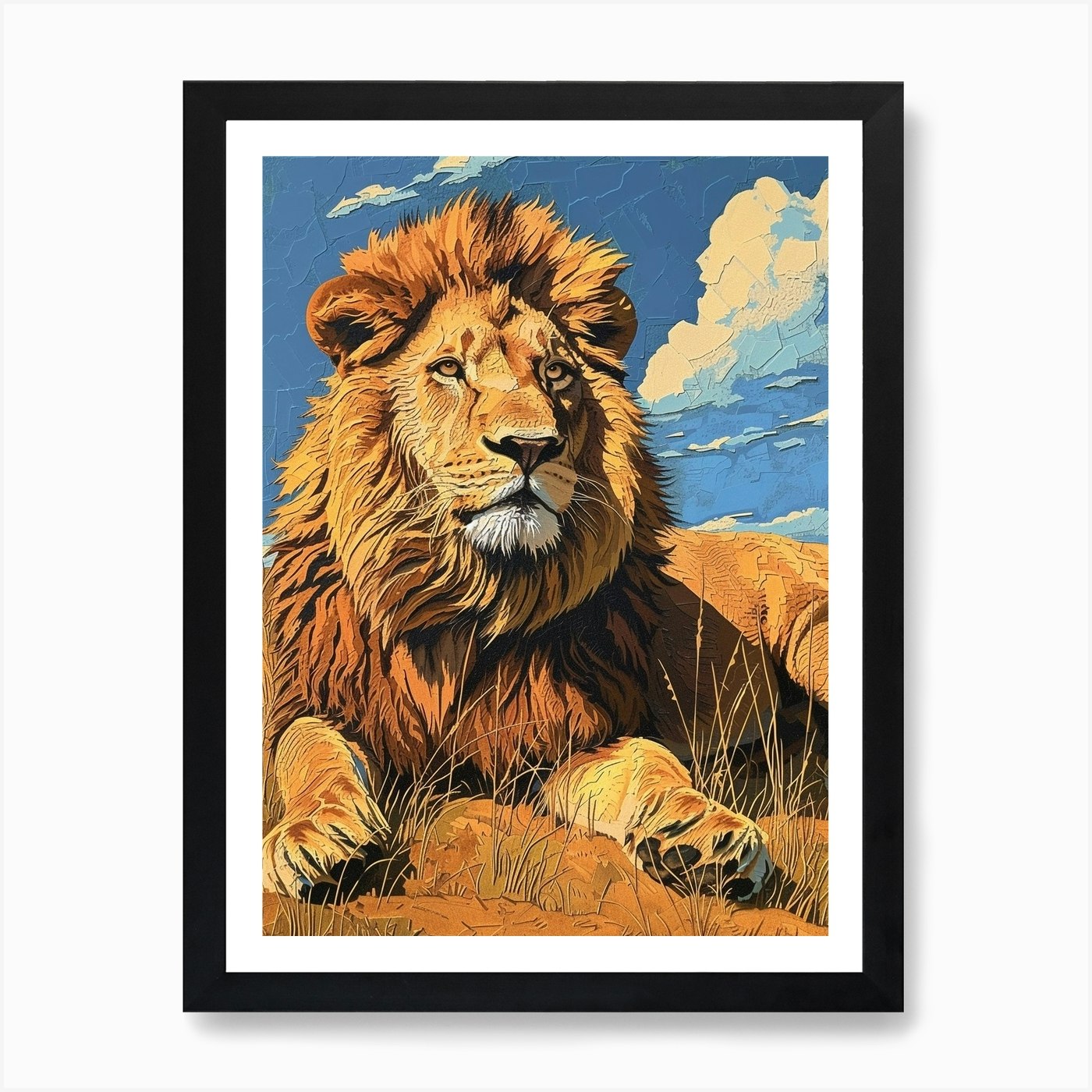 African Lion Relief Illustration Re Framed Wall Art Poster Canvas Print Picture