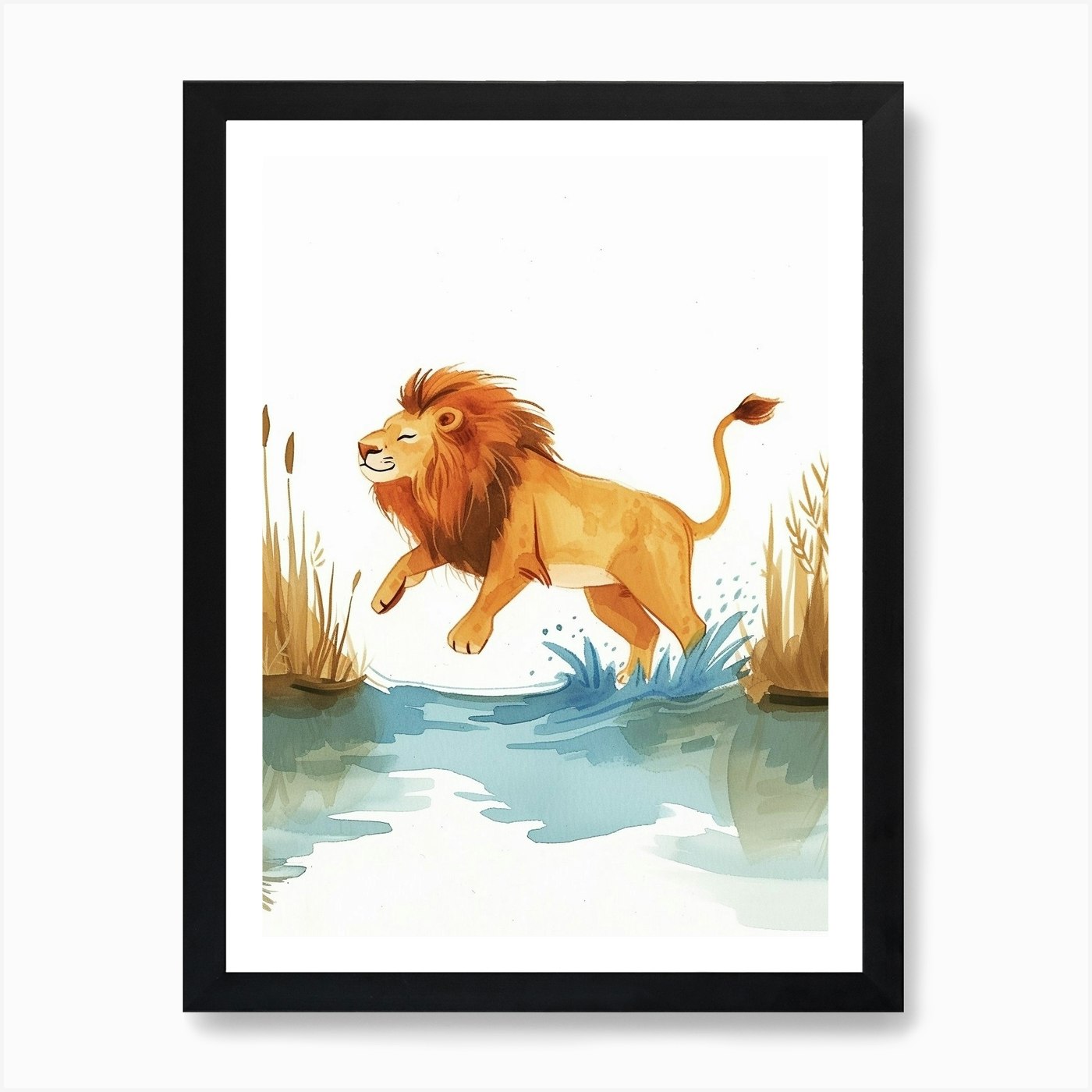 African Lion Crossing A River Clipa Framed Wall Art Poster Canvas Print Picture