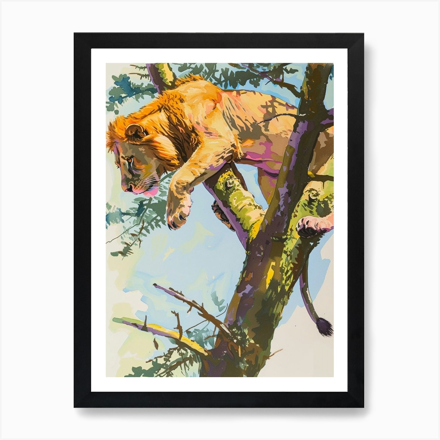 Transvaal Lion Climbing A Tree Fauv Framed Wall Art Poster Canvas Print Picture