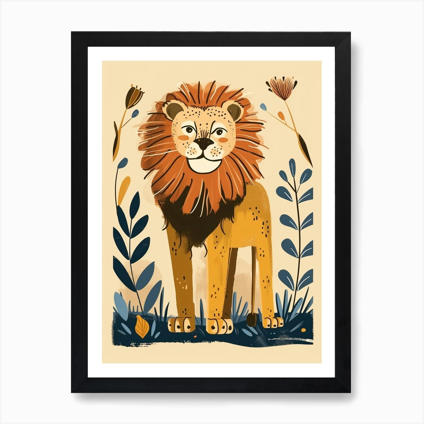 African Lion Symbolic Imagery Illus Framed Wall Art Poster Canvas Print Picture