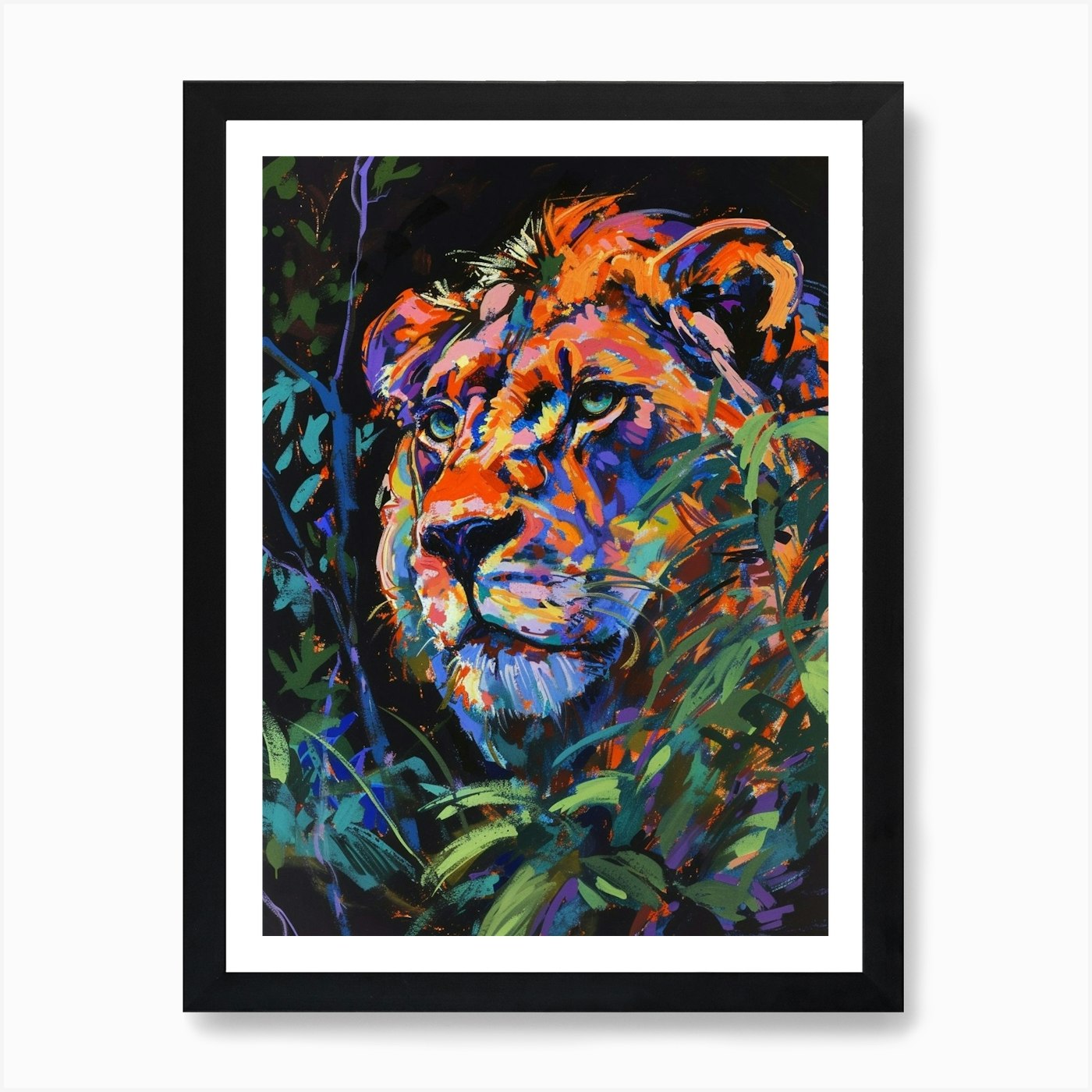 Asiatic Lion Night Hunt Fauvist Pai Framed Wall Art Poster Canvas Print Picture