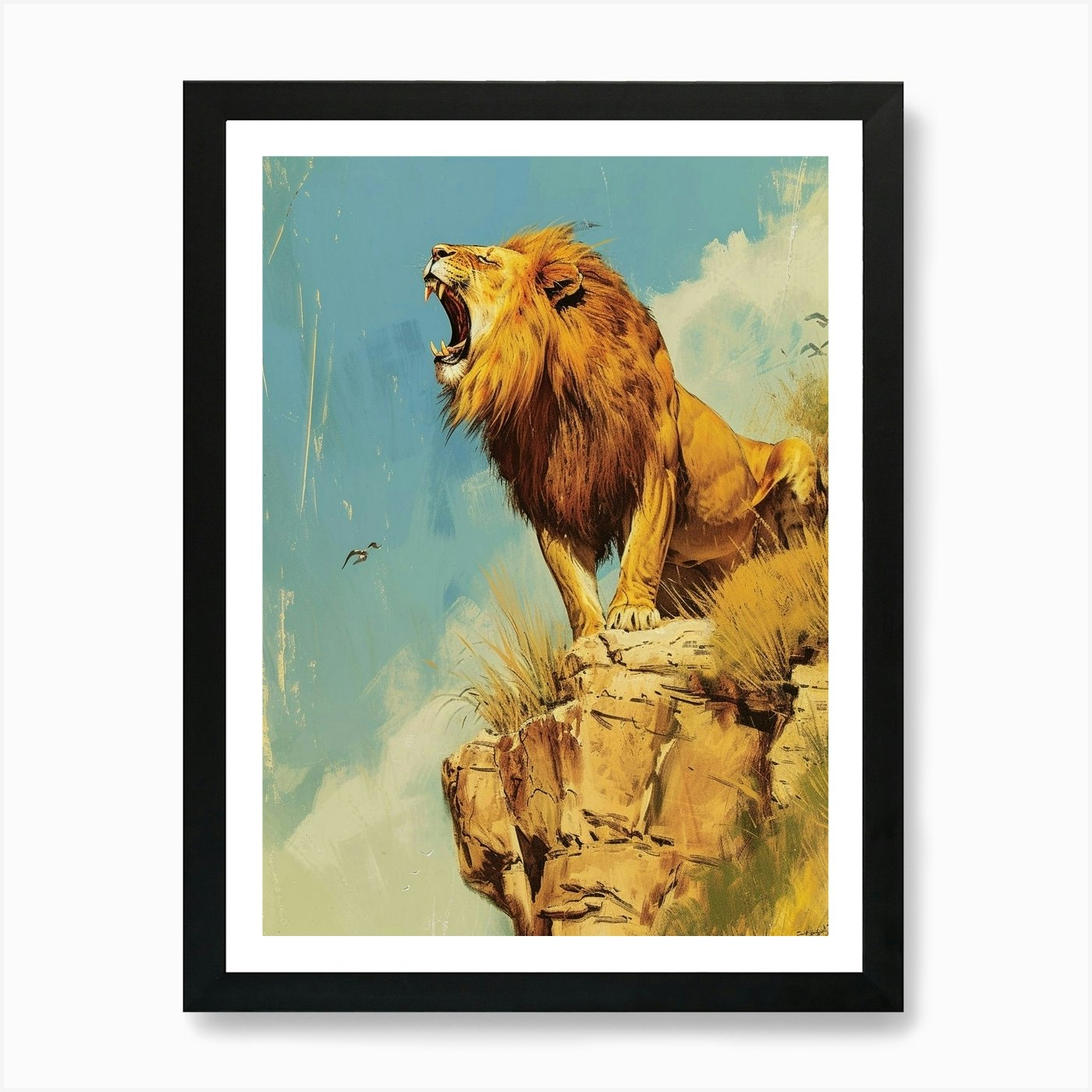 Barbary Lion Roaring On A Cliff Ill Framed Wall Art Poster Canvas Print Picture