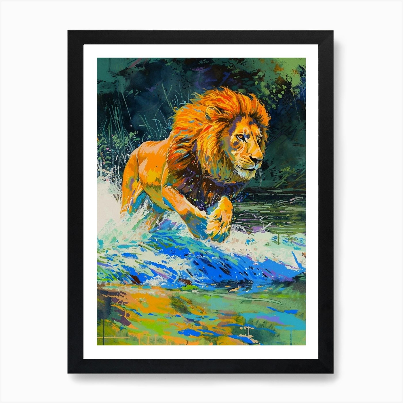 Masai Lion Crossing A River Fauvist Framed Wall Art Poster Canvas Print Picture